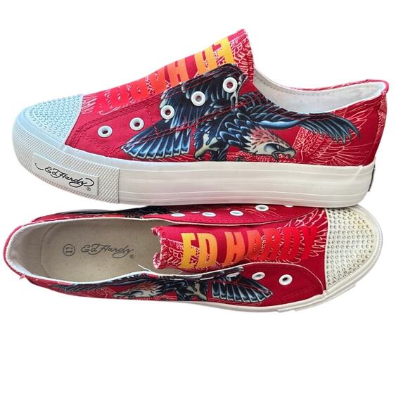 Y2K Ed Hardy Red Slip-On Low Top Sneakers Eagle Tattoo Rhinestone Toe Size 11 - Picture 2 of 8